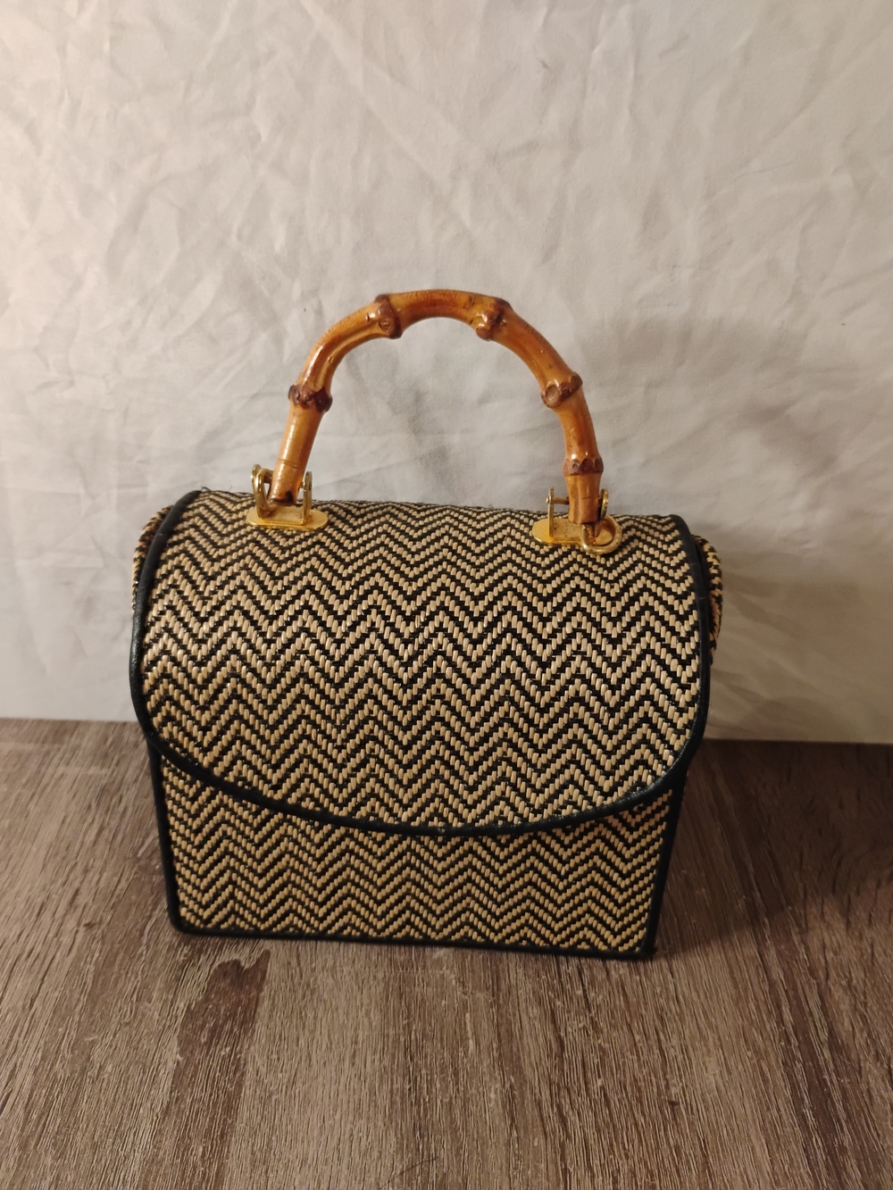 Woven Chevron Top-Handle Bag with Bamboo Handle - Black & Natural